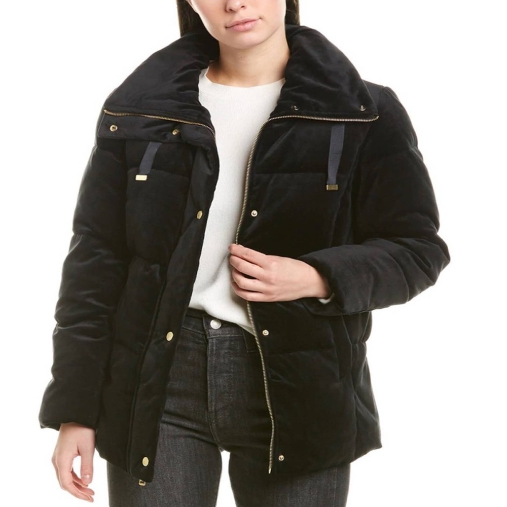 Cole Haan Signature Black Velvet Down Coat With Gold Hardware NWOT